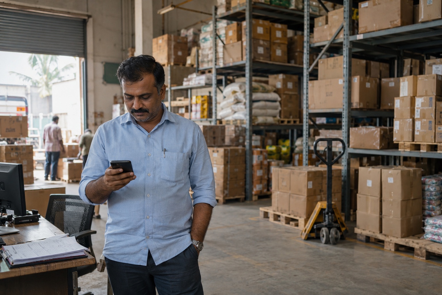 A distributor in his godown checks his phone, with racks of stock behind him